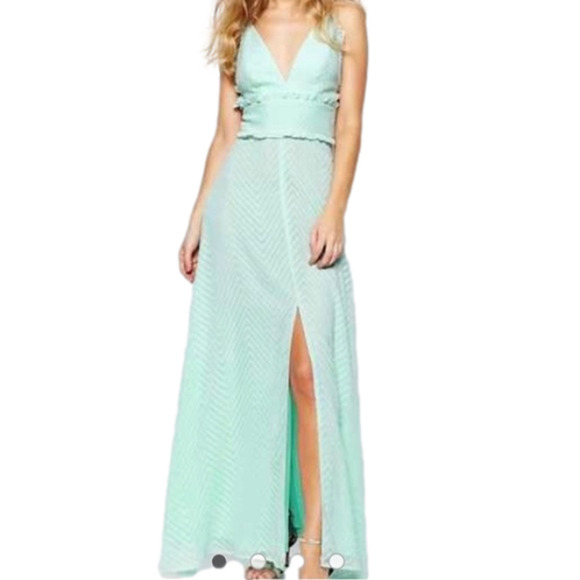 ASOS Jarlo Mint Green Deep V-Neck Textured Chevron Ruffle Maxi Dress size 12 - Picture 1 of 8